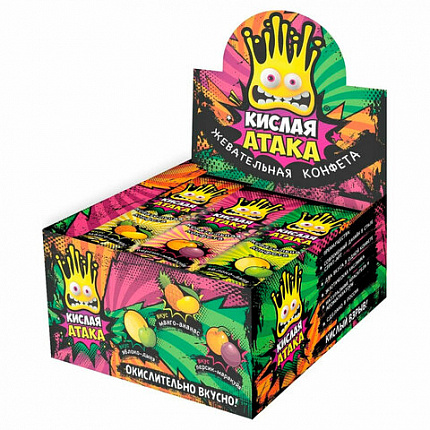 Конфета жевательная КИСЛАЯ АТАКА ассорти 3 вкусов, 11 г, KA-10-1
