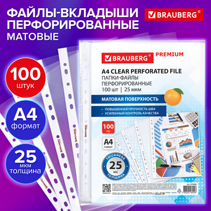 Папки-файлы перфорированные А4 BRAUBERG "PREMIUM", КОМПЛЕКТ 100 шт., матовые, 25 мкм, 273000