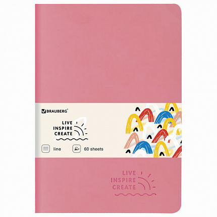 Тетрадь 60 л. в линию обложка кожзам SoftTouch, сшивка, B5 (179х250мм), РОЗОВЫЙ, BRAUBERG RAINBOW, 403885