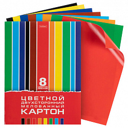 Картон цветной А4 2-сторонний МЕЛОВАННЫЙ, 8л. 8цв., в папке, HATBER, 195х280мм, Creat, 8Кц4_05934