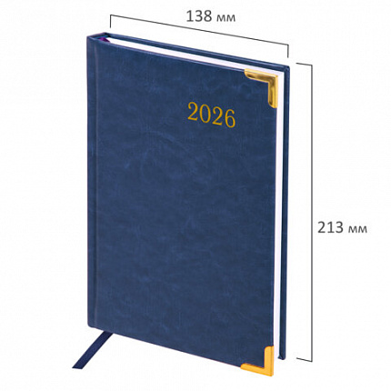 Ежедневник датированный 2026, А5, 138x213 мм, BRAUBERG "Senator", под кожу, синий, 117091