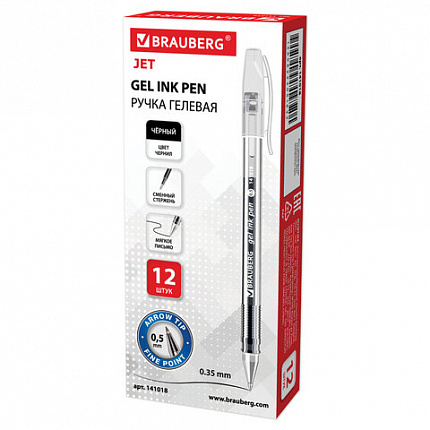 Ручка гелевая BRAUBERG "Jet", ЧЕРНАЯ, корпус прозрачный, узел 0,5 мм, линия письма 0,35 мм, 141018