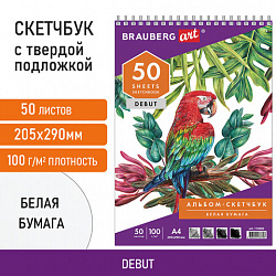 Скетчбук, белая бумага 100 г/м2, 205х290 мм, 50 л., гребень, жёсткая подложка, BRAUBERG ART DEBUT, 110983