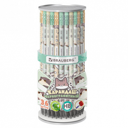 Карандаш чернографитный с принтом кросс-серия МИЛЫЕ КОТЫ, 1 шт., HB, ластик, ассорти, BRAUBERG, 182107