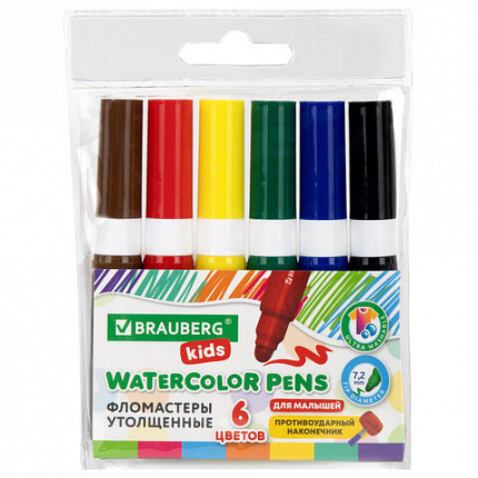 Фломастеры суперсмываемые толстые для малышей BRAUBERG KIDS, 6 цветов, ПВХ-упаковка, 152604