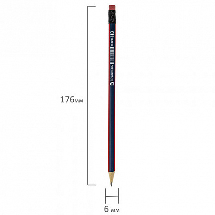Карандаш чернографитный BRAUBERG, 1 шт., "Stripes", HB, трехгранный, с ластиком, корпус синий/красный, 181294
