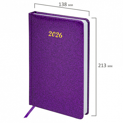 Ежедневник датированный 2026 А5 138x213мм BRAUBERG Sparkle, под кожу, блестки, фиолетовый, 117438