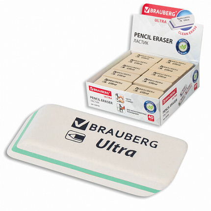 Ластик BRAUBERG "Ultra", 50х14х8 мм, белый, детали ассорти, натуральный каучук, 228704