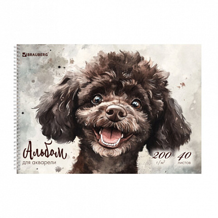 Альбом для акварели А4 40 л., бумага 200 г/м2, гребень, твердая подложка, BRAUBERG, "Пудель", 116885