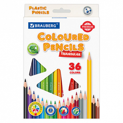 Карандаши цветные BRAUBERG PREMIUM, 36 цветов, пластиковые, трехгранные, грифель мягкий 3 мм, 181664
