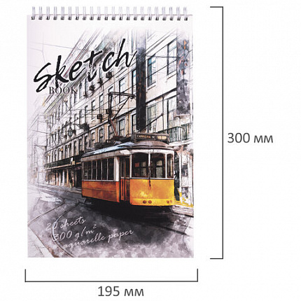 Скетчбук, рисовальная бумага 300 г/м2, 195х300 мм, 20 л., гребень, SoftTouch, брайль, "Трамвай", 97323