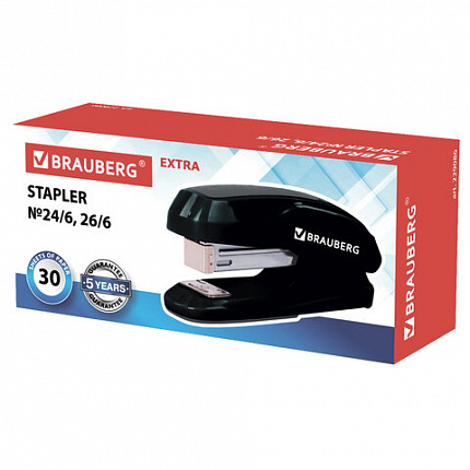 Степлер №24/6, 26/6 BRAUBERG "Extra", до 30 листов, черно-серый, 229086