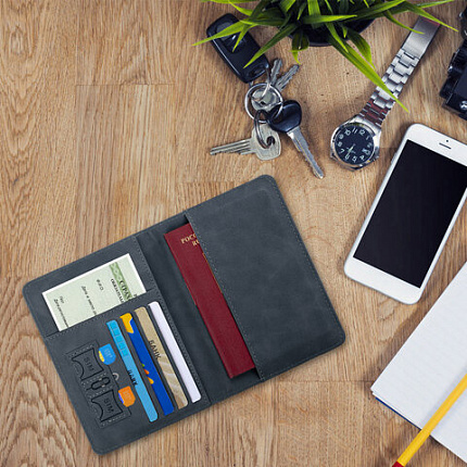 Обложка для паспорта и документов с защитой от считывания, 9 карманов, резинка, экокожа, темно-голубая, BRAUBERG, 238752