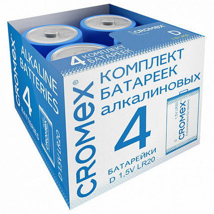 Батарейки алкалиновые КОМПЛЕКТ 4 шт., CROMEX Alkaline, D (LR20, 13А), короб, 456454