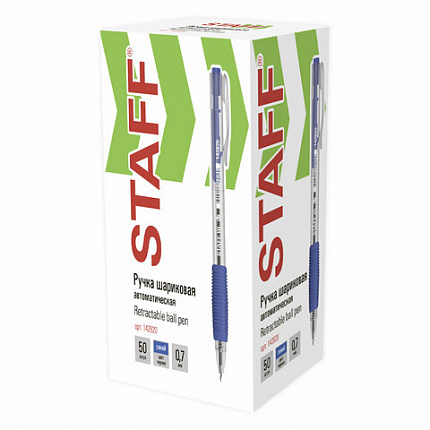 Ручка шариковая автоматическая с грипом STAFF "Basic" BPR-820, СИНЯЯ, корпус прозрачный, 0,7 мм, линия письма 0,35 мм, 142820