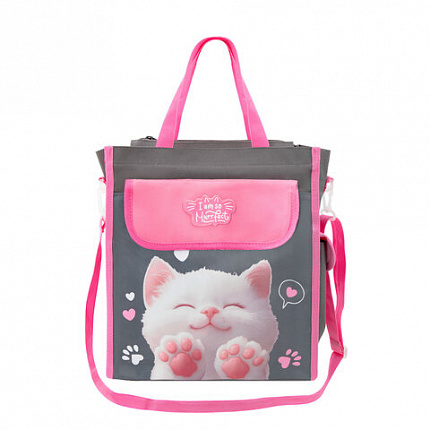 Сумка шоппер BRAUBERG KIDS для занятий, с дополнительными карманами, плечевой ремень, "Кот-мурлыка", 274651