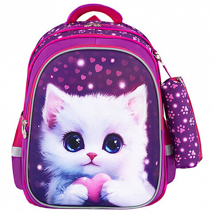 Рюкзак BRAUBERG KIDS MIND с пеналом в комплекте, 2 отделения, "Humble Cat", 40х28х18 см, 273176