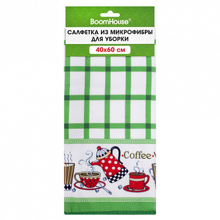 Салфетка из МИКРОФИБРЫ универсальная, 40х60 см, зеленая клетка, орнамент, 240 г/м2, BOOMHOUSE (БУМХАУС), 700878