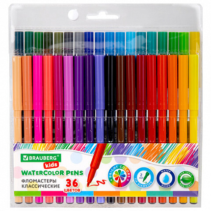 Фломастеры BRAUBERG KIDS КЛАССИЧЕСКИЕ 36 цветов, вентилируемый колпачок, ПВХ-упаковка, 152603