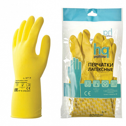 Перчатки латексные КЩС, сверхпрочные, плотные, хлопковое напыление, размер 8,5-9, L (большой), желтые, HQ Profiline, 73587