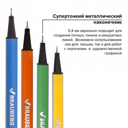 Набор капиллярных ручек (линеров) BRAUBERG 12 шт., АССОРТИ, "Aero", трехгранные, металлический наконечник, линия письма 0,4 мм, 141525
