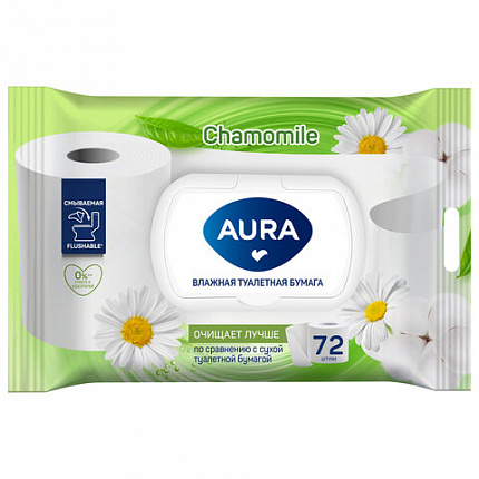Бумага туалетная влажная смываемая 72 шт., AURA, с пластиковым клапаном, 13091
