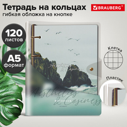Тетрадь на кольцах А5 180х220, 120л, гибкий пластик, клапан, стикеры, BRAUBERG STYLISH, Nature, 405226
