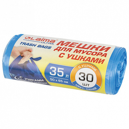 Мешки для мусора с ушками LAIMA "ULTRA" 35 л синие, в рулоне 30 шт. прочные, ПНД 12 мкм, 50х65 см, 607684