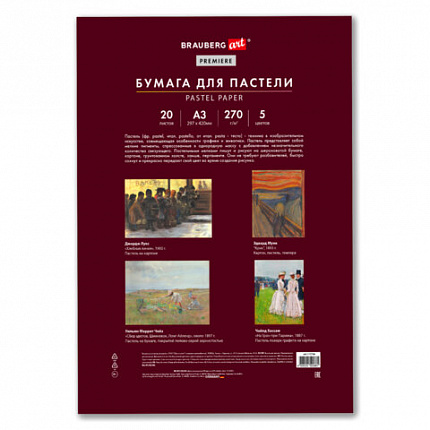 Бумага для пастели ФАКТУРНАЯ А3 в папке, 20 листов 5 цветов, 270 г/м2, BRAUBERG ART,, 117756