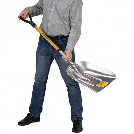 Лопата алюминиевая для снега 37х48 см, ОБЩАЯ ДЛИНА 120 см, черенок стекловолокно, V-ручка, RABBITEX (РАББИТЕКС) "FIBERGLASS", 700486