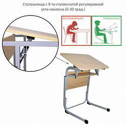 Стол-парта 1-местный, регулируемый угол, "Атлант", 600х500х520-640 мм, рост 2-4, серый каркас, ЛДСП клён