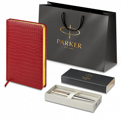 Ручка шариковая PARKER "Jotter Core Stainless Steel GT", ежедневник А5 красный, пакет, 880888