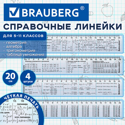 Линейки пластиковые 20 см справочные BRAUBERG, НАБОР 4 шт, для 5-11 классов, пенал, 210894