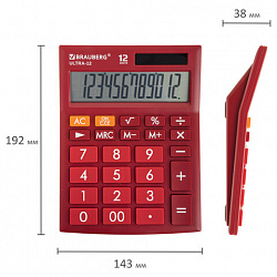 Калькулятор настольный BRAUBERG ULTRA-12-WR (192x143 мм), 12 разрядов, двойное питание, БОРДОВЫЙ, 250494