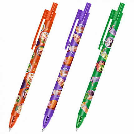 Ручка шариковая автоматическая с принтом FUNSTER "TASTY FOOD", корпус soft-touch, СИНЯЯ, пишущий узел 0,7 мм, линия письма 0,35 мм, 144403