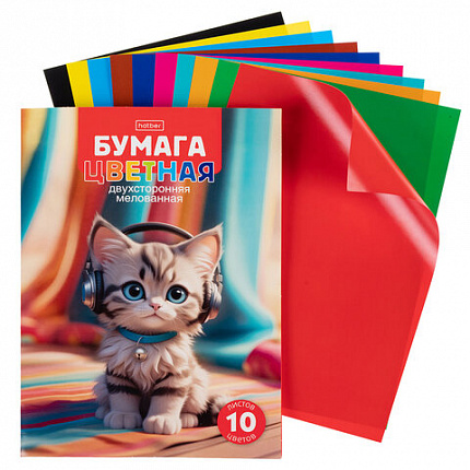 Цветная бумага А4 2-сторонняя мелованная, 10л. 10цв. в папке, HATBER, 194х280мм, Musi, 10Бц4м_36739