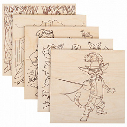 Заготовки деревянные для выжигания "Сказочные мотивы", 5 шт., 10 рисунков, 15х15 см, BRAUBERG HOBBY, 665306