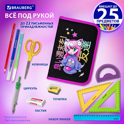 Пенал BRAUBERG, 1 отделение, 1 откидная планка, полиэстер, 21х14 см, "Яркая девочка", 272323