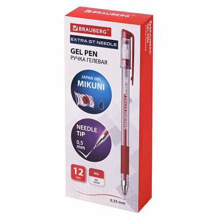 Ручка гелевая с грипом BRAUBERG "EXTRA GT NEEDLE", КРАСНАЯ, игольчатый узел 0,5 мм, линия 0,35 мм, 143921