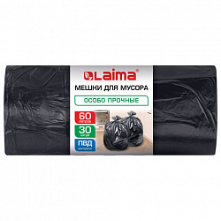 Мешки для мусора 60 л, черные, в рулоне 30 штук, особо прочные, ПВД 30 мкм, 58x68 см, LAIMA, 702658