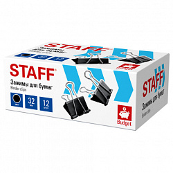 Зажимы для бумаг STAFF ECO, КОМПЛЕКТ 12 шт., 32 мм, на 140 листов, черные, картонная коробка, 274033