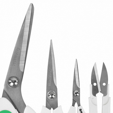 Ножницы BRAUBERG "MAXI" КОМПЛЕКТ 4 шт.: 115, 145, 205 мм + сниппер (для ниток), бело-зеленые ручки, 272982