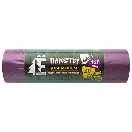Мешки для раздельного сбора мусора 120 л, фиолетовые, в рулоне 20 шт., ПВД 20 мкм, 70х110 см, РОМАШКА, ЕЛР-ВР-120Ф