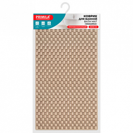 Коврик для ванны противоскользящий 66х36 см, "Мозаика", бежевый, ТПЭ, присоски, PRIMILA (ПРИМИЛА), 700387