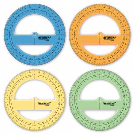 Транспортир пластиковый 10 см, 360 градусов, ПИФАГОР, прозрачный, неоновый, ассорти, 210848