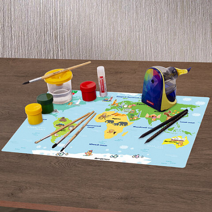 Настольное покрытие BRAUBERG KIDS, А3+, пластик, 46x33 см, "Кот-энтузиаст изучает Мир", 273619