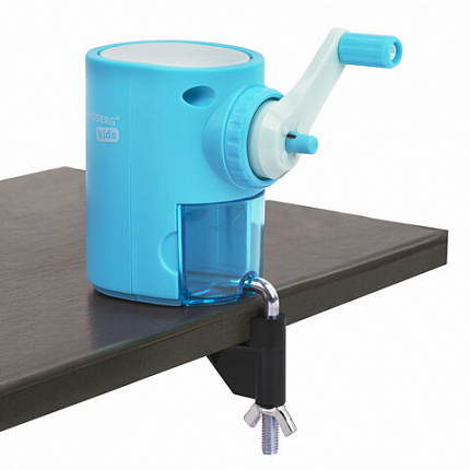 Точилка механическая BRAUBERG KIDS, для простых и цветных карандашей, корпус голубой, крепление к столу, 272005