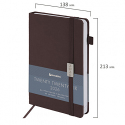 Ежедневник датированный 2026, А5, 138x213 мм, BRAUBERG "Control", под кожу, держатель для ручки, коричневый, 117122