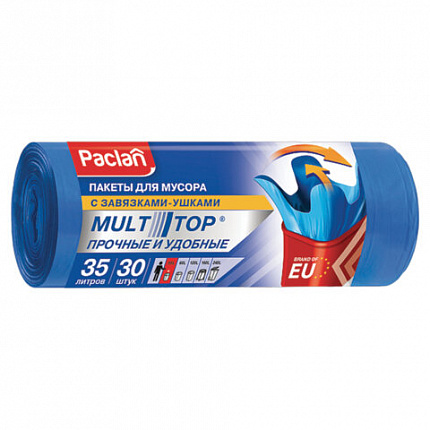 Мешки для мусора, 35 л, с ушками, синие, рулон 30 шт., ПНД, 10,5 мкм, 50х64 см, PACLAN "Multitop", 402080
