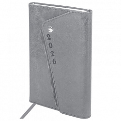 Ежедневник датированный 2026, А5, 145х213 мм, BRAUBERG "Jacket", под кожу, клапан, держатель, серый, 117403